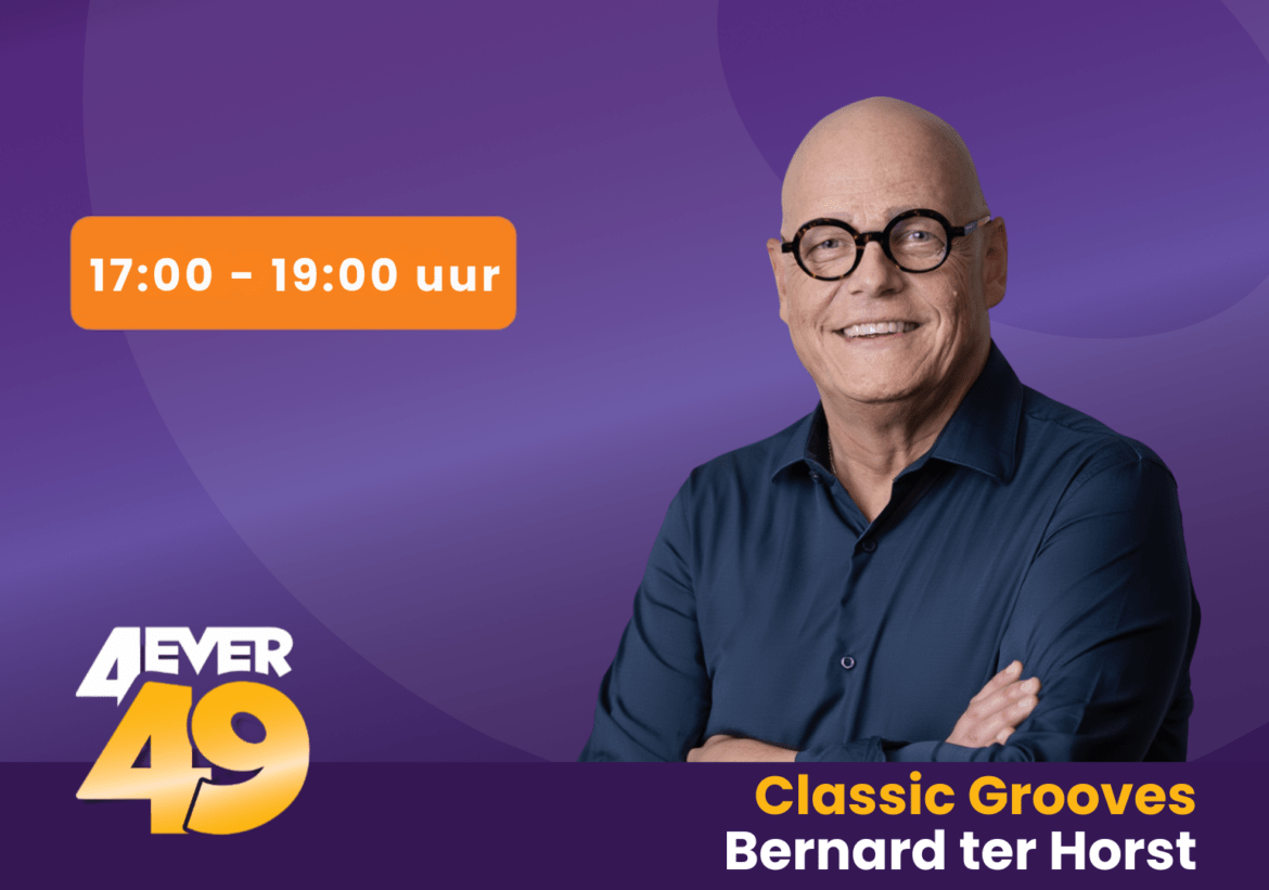 Bernard ter Horst op een paarse achtergrond met een oranje blok waarin de uitzendtijd staat van zijn radioprogramma Classic Grooves