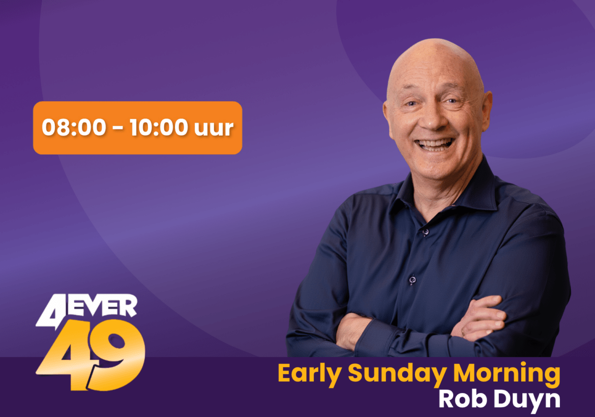 Rob Duyn op paarse achtergrond met een oranje blok met de uitzendtijd van radioprogramma Early Sunday morning