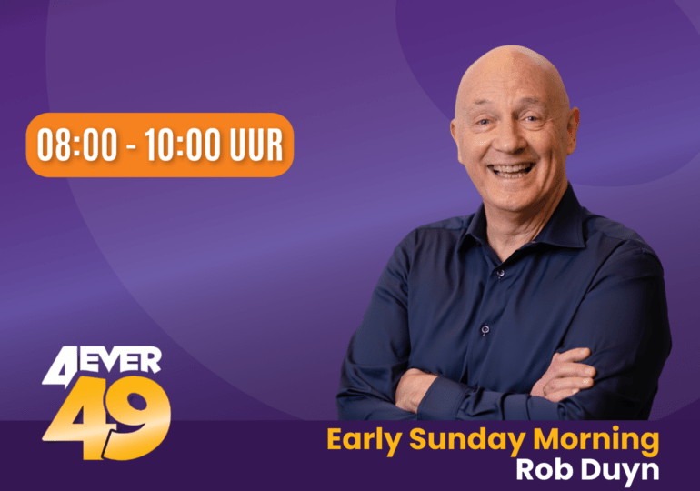 Rob Duyn op paarse achtergrond met uitzendtijd in oranje blok