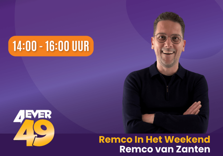 Remco van Zanten op paarse achtergrond met uitzendtijd in oranje blok