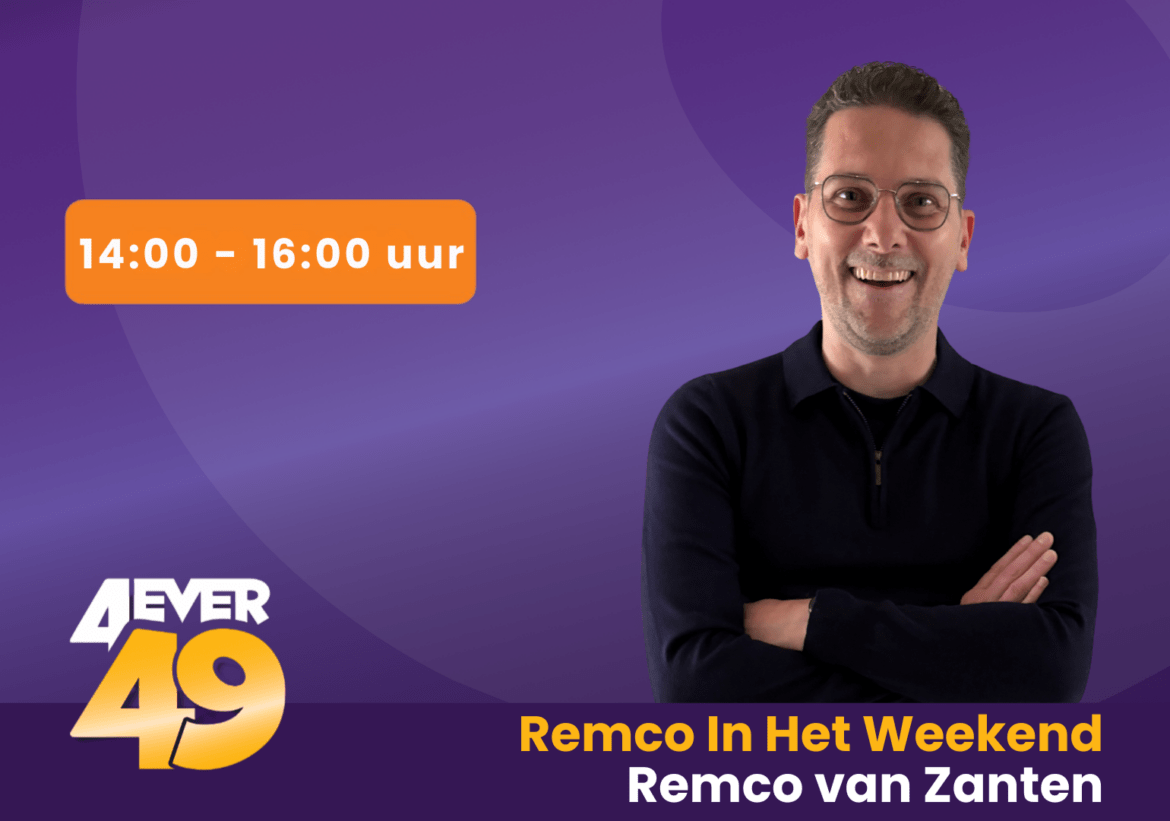 Remco van Zanten op een paarse achtergrond met een oranje tijdsblok aanduiding van zijn radioprogramma