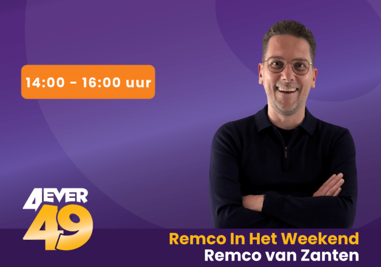 Remco van Zanten op een paarse achtergrond met een oranje tijdsblok aanduiding van zijn radioprogramma