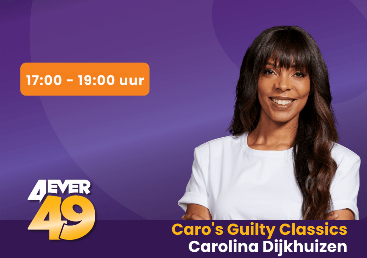 Carolina Dijkhuizen op een paarse achtergrond met een oranje blok en uitzendtijd