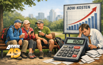 rekenmachine waar AOW op staat en drie senioren op een bank