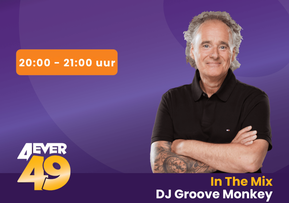 Dj groove monkey op paarse achtergrond met een oranje balk met de uitzendtijd erin