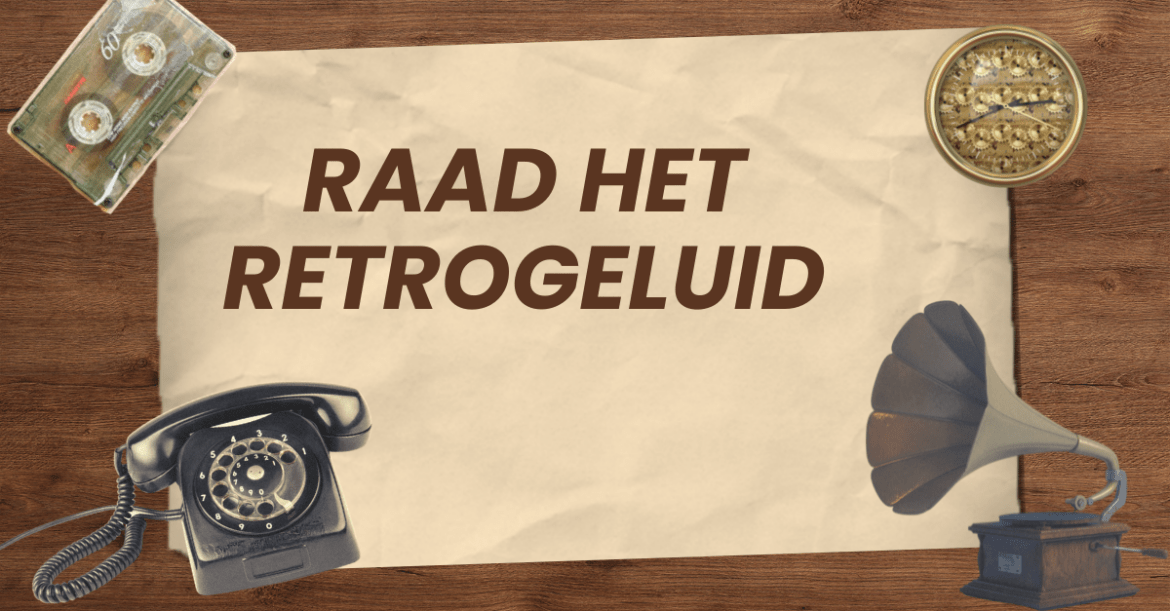 Raad het geluid op een gekreukeld papier met nostalgische attributen