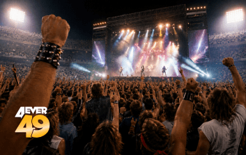 Rock concert jaren 80 met vuisten in de lucht en stadionverlichting